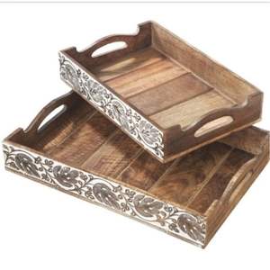 Rustic Wooden Serving Tray Set with Printed Pattern Bottom Decorative Nesting Trays with Handles for Ottoman <b>Coffee</b> <b>Table</b> Trays - Product Image 5