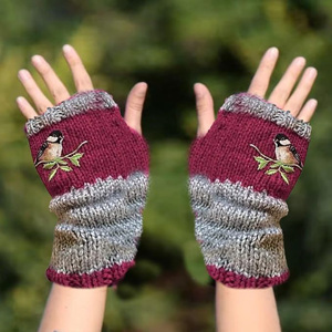 Guantes de invierno sin dedos con patrón de pájaros bordados personalizados, calentadores de brazos tejidos cálidos al por mayor, mitones de medio dedo para mujer - Product Image 4