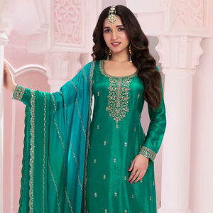 Traje Plazzo de Seda Vichitra Bordado Moderno de Primera Calidad, Semi-Confeccionado para Mujer, Ideal para Fiestas, Bodas y Diwali - Product Image 1