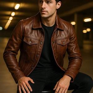 Chaqueta de Moto para Hombre, de Cuero PU Ecológico, de Secado Rápido y Transpirable, con Cuello Camisero, Cierre de Cremallera, Color Marrón, Corte Regular, Bordado - Product Image 2