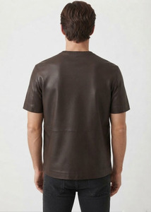 Camiseta de Diseño para Hombre, Cuello en V, Manga Corta, Cuero Vacuno Genuino, Estilo Casual, con Doble Bolsillo Frontal, Cuero Suave - Product Image 5