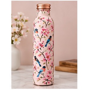 Botella de Agua con Diseño de Mosaico Tradicional en Blanco, Azul y Cobre, con Tapa de Cobre, Portátil para Viajes - Product Image 3
