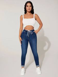 Jean Capri en Coton pour Femme, Taille Élastique avec Cordon de Serrage, Respirant, Très Extensible, Coupe Skinny, Denim Uni, Style Décontracté, Été Hiver - Product Image 2