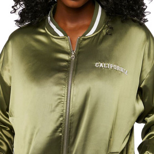 Veste universitaire en satin vert olive pour femme, manches longues, fermeture éclair, col rabattu, couleur unie, vêtement d'automne - Product Image 5
