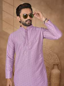 Ensemble Kurta Pajama en Rayonne Brodé Chikankari pour Hommes – Vêtement Ethnique Indien Traditionnel pour Mariage et Fêtes - Product Image 5