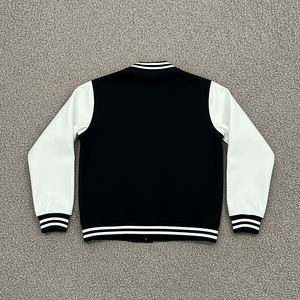 Customized Men's <b>Black</b> Varsity <b>Jacket</b> Cream Sleeves Embroidered Logo Front Button Closure Preppy Style Autumn Wear Regular Fit - Product Image 3
