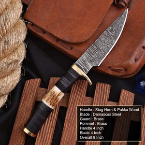 Cuchillo de caza de acero de Damasco forjado a mano UA Supplies, hoja fija con filo biselado y punta caída, mango de cuerno de ciervo y madera, con funda de cuero 10. - Product Image 2