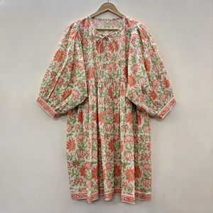 เดรสสั้นผ้าฝ้ายพิมพ์ลายดอกไม้แบบแฮนด์เมด คอวี แขนสามส่วน แต่งระบายลูกไม้ ซักได้ เป็นมิตรต่อสิ่งแวดล้อม สไตล์จีน - Product Image 1