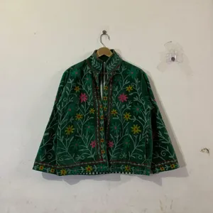 Vintage Green <b>Velvet</b> Embroidered Suzani <b>Jacket</b> with Floral Pattern Full Sleeve Stand Collar Bohemian <b>Women's</b> Autumn Outerwear - Product Image 1