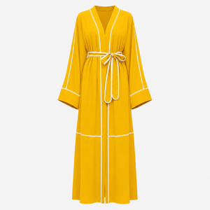 New 2026 Modest Polyester Soft Fabric Full Length <b>Abaya</b> with Belt Piping V Neck Style Elegant Comfortable Breathable - Product Image 1