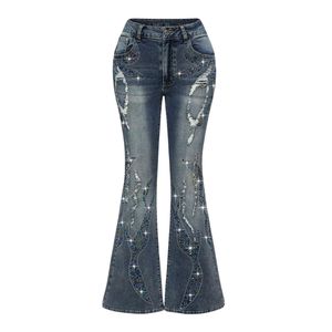 Custom Women Rhinestone Flare Jeans Distressed Ripped Flame Graphic Blue Denim Pants Vintage Y2K Bell Bottom Streetwear <b>Trousers</b> - Product Image 1