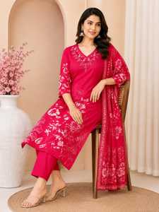 Pink Floral Printed Straight Kurta Pant <b>Dupatta</b> Set for Women with Embroidered Neckline Festive and Traditional Ethnic Wear - Product Image 2