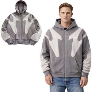 Sudaderas con capucha personalizadas al por mayor para hombre, de algodón grueso, con cremallera, paneles en contraste, estilo urbano, sudadera con cremallera completa. - Product Image 1