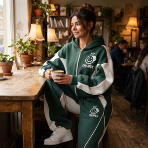 <b>Women's</b> Dark Green <b>White</b> Zip Hoodie <b>Tracksuit</b> Set Color Block Panel Design Oversized Jogger Pants Streetwear - Product Image 5