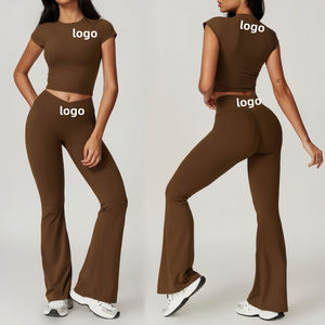 ชุดโยคะออกกำลังกายฤดูหนาวแบบยืดได้สี่ทิศทาง เสื้อแขนยาวทรงปกติ กางเกงขาบานเอววี ชุดเซ็ต 2 ชิ้น สำหรับผู้หญิง ผ้าฝ้ายฟลีซ 100% - Product Image 1