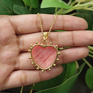 Best Selling 18K Gold Plated Brass Heart Shape Claw Setting Synthetic Rhodochrosite & Black CZ <b>Cable</b> Chain Necklace - Product Image 6