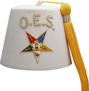 Sombrero Fez OES Blanco - Borla Amarilla de 18 Pulgadas, Estrella Bordada a Máquina, Hecho a Mano con Hilos Metálicos y Pedrería OES - Product Image 6