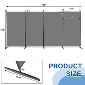 6FT 4-Fold 160g Polyester Cloth and <b>Plastic</b> <b>Screen</b> with Carbon Steel Frame Gray Foldable Room Divider - Product Image 6