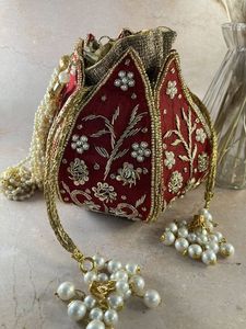 Handmade Indian Wedding Velvet Drawstring Potli Bag Women Evening Party <b>Red</b> Beaded Zari Clutch <b>Purse</b> Wholesale Supplier - Product Image 4