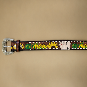 Personalized Design Hand Carved Floral and Playing Cards Design Embossed Unisex Western <b>Leather</b> Tooling <b>Belt</b> for Jeans - Product Image 2