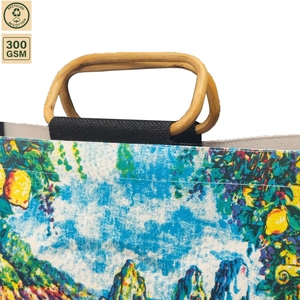 Laminated <b>Canvas</b> Jute Beach Tote Bag with Cane Handle Custom Print Reusable Shopper Wholesale OEM ODM Private Label B2B Supplier - Product Image 4