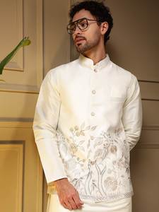 Conjunto de pantalón y kurta Daman Koti de seda pesada para hombre con bordado y lentejuelas, traje étnico de seda slub para fiestas y bodas. - Product Image 5