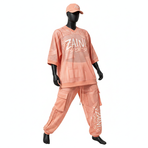 Conjunto de 2 piezas para hombre de tela de malla de alta calidad, 180 GSM, ligero, transpirable, color melocotón, con logo sublimado. - Product Image 1