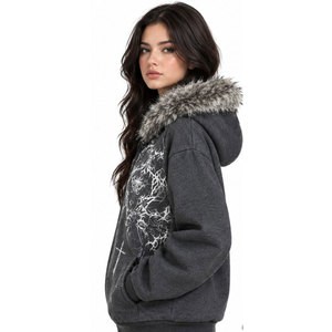 Women's Gothic Hooded <b>Zipper</b> <b>Jacket</b> With Faux Fur Collar Printed Design Winter Wear Fleece Material Regular Length Hoodies - Product Image 4