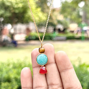 Hot selling natural tiger eye amazonite and red jade bezel set pendant necklace brass 18k gold plated triple gemstone necklace - Product Image 6