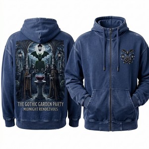 Custom Blue Vintage Wash Zip Up Hoodie Men Heavyweight Gothic Garden Graphic Oversized Streetwear Hoody Manufacturer - Product Image 1