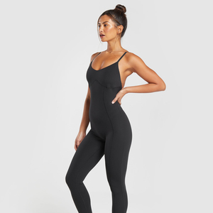 Combinaison moulante noire pour femme à fines bretelles, taille haute, effet ventre plat, sans manches, pour le yoga - Product Image 3