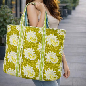 Bolso de compras grande de algodón acolchado estilo boho para mujer, con cierre abierto, bolso de hombro con estampado de bloques, lavable, tipo tote para equipaje. - Product Image 1