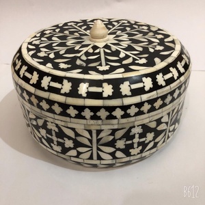 Bone Inlay Mother of <b>Pearl</b> and Wood Inlay Resin Round <b>Grey</b> Hot Pot Box in Indian Manufacturing Unit - Product Image 4