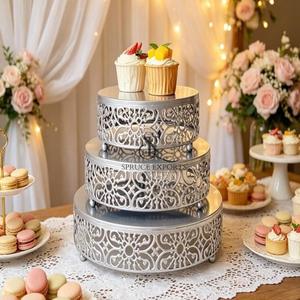 Elegant Design Silver Metal Round <b>Cake</b> Stand Set Of 3 Pieces With Intricate Filigree Details. Perfect For <b>Weddings</b> & Parties - Product Image 1
