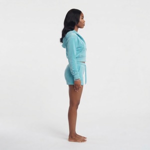 Women's Pink <b>Velvet</b> 2 Piece Hoodie <b>Shorts</b> Set Long Sleeve Crop Top Casual Lounge Outfit - Product Image 6