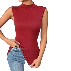 Débardeur moulant sans manches à col montant pour femme – Couleur unie, extensible, style décontracté et basique - Product Image 1