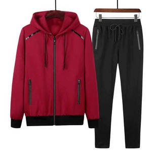 Ensemble de survêtement rouge à capuche pour homme, sweat-shirt à fermeture éclair à manches longues, pantalon noir, couleur unie, décontracté, pour l'automne, respirant, en polyester. - Product Image 4