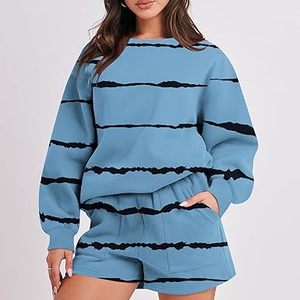 Women's Blue Striped <b>Knitted</b> 2-Piece Shorts <b>Set</b> Crew Neck Full Sleeve Loose Fit Casual Spring Summer Cotton Breathable Pocket - Product Image 1