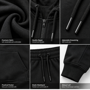 2026 Top Trending Custom Men Black Full <b>Zip</b> <b>Hooded</b> Tracksuit Regular Fit Casual Wear Side Pockets Autumn Polyester Solid Color - Product Image 6