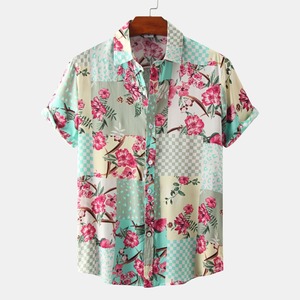 Men's Short Sleeve Floral <b>Patchwork</b> Button-Up <b>Shirt</b> Turn-Down Collar Regular Fit Summer Style - Product Image 2