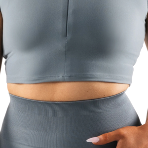 Top Deportivo Corto para Mujer, Color Gris, con Cierre Frontal y Manga Corta, Sin Costuras, Elástico, para Yoga, Gimnasio, Fitness y Entrenamiento - Product Image 6