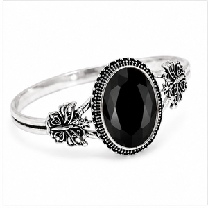 Black Onyx Silver Bangle <b>Bracelet</b>, 925 Sterling Silver Oval Black Onyx Jewelry, Faceted Gemstone Statement Bangle, Gift for Her - Product Image 1