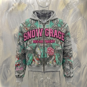 Snow Grace <b>Cropped</b> <b>Zip</b>-<b>Up</b> <b>Hoodie</b> Unisex Oversized Fit Streetwear Print Design With Pocket And Distressed Details - Product Image 3