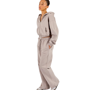 Womens Cropped Full Zip Hooded Tracksuit <b>Set</b> Wide Trousers Drawstring Waist Relaxed <b>Two</b> <b>Piece</b> Casual <b>Lounge</b> Travel Street Outfit - Product Image 4