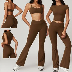 Conjunto de yoga de 2 piezas para mujer, de cintura alta, color liso, con sujetador deportivo tipo racerback y leggings de longitud completa, elástico en cuatro direcciones, sin costuras, ecológico, frontal. - Product Image 4