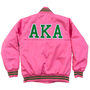 Chaqueta Bomber Universitaria de Satén Rosa para Unisex, Estilo Deportivo, Primavera, Ropa Griega Universitaria, Apliques Bordados en la Parte Delantera - Product Image 4