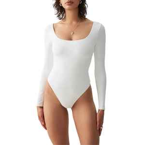 Body côtelé personnalisé pour femme, col rond, manches longues, coupe haute, couleur unie, décontracté, extensible dans les quatre sens, bretelles réglables - Product Image 1