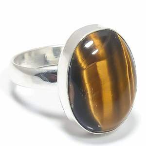 <b>925</b> Sterling <b>Silver</b> Plated Tiger Eye Stone Bezel Setting Boho Style Oval Shape Gemstone <b>Ring</b> for Unisex Wedding & Party Jewelry - Product Image 3