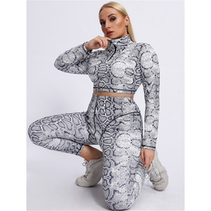 Conjunto Deportivo de 2 Piezas con Estampado de Serpiente para Mujer, Top Corto de Cuello Alto de Manga Larga, Leggings hasta el Tobillo, Tejido de Punto, Spandex, Poliéster, Transpirable - Product Image 4