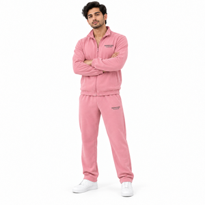 Unisex <b>Pink</b> 100% Cotton Eco-Friendly Breathable Lightweight Fleece <b>Tracksuit</b> Full Zip Sweatshirt Sweatpants <b>Set</b> Casual Summer - Product Image 4